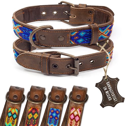 ALTEZAR Lederhalsband Hund - Doppelt Tribal Bestickt Blau Braun - Hochwertig verarbeitetes Hundehalsband - Handgemacht in Mexiko - Größe M von ALTEZAR