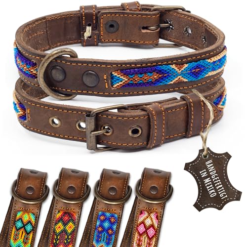 ALTEZAR Lederhalsband Hund - Doppelt Tribal Bestickt Blau Braun - Hochwertig verarbeitetes Hundehalsband - Handgemacht in Mexiko - Größe S von ALTEZAR