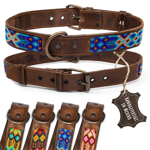 ALTEZAR Lederhalsband Hund - Doppelt Tribal Bestickt Blau Braun - Hochwertig verarbeitetes Hundehalsband Leder - Handgemacht in Mexiko - Größe XL - Halsband Hund für große Hunde Leder breit von ALTEZAR