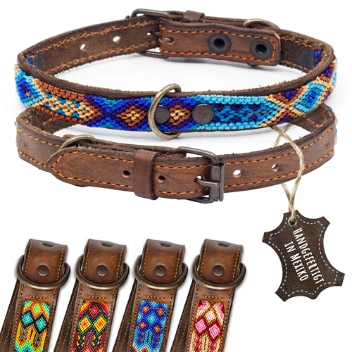 ALTEZAR Lederhalsband Hund - Doppelt Tribal Bestickt Blau Braun - Hochwertig verarbeitetes Hundehalsband - Handgemacht in Mexiko - Größe XS von ALTEZAR