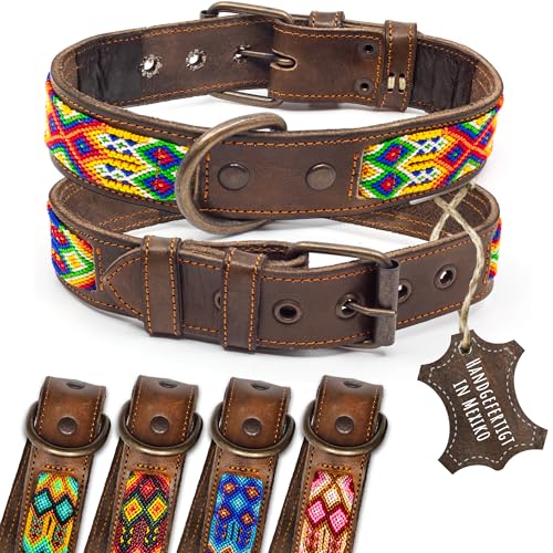 ALTEZAR Lederhalsband Hund - Doppelt Tribal Bestickt Farbenrausch Braun - Hochwertiges Hundehalsband Leder - Handgemacht in Mexiko - Größe M - Halsband Hund für mittel-große Hunde Leder breit von ALTEZAR