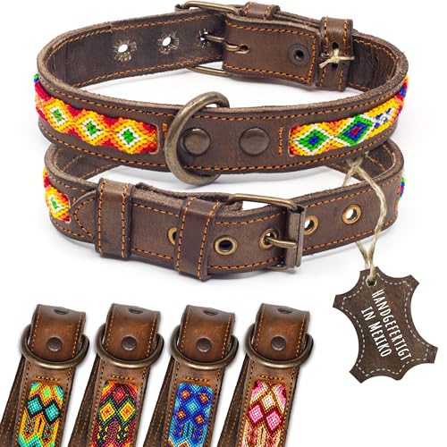 ALTEZAR Lederhalsband Hund - Doppelt Tribal Bestickt Farbenrausch Braun - Hochwertig verarbeitetes Hundehalsband - Handgemacht in Mexiko - Größe S von ALTEZAR