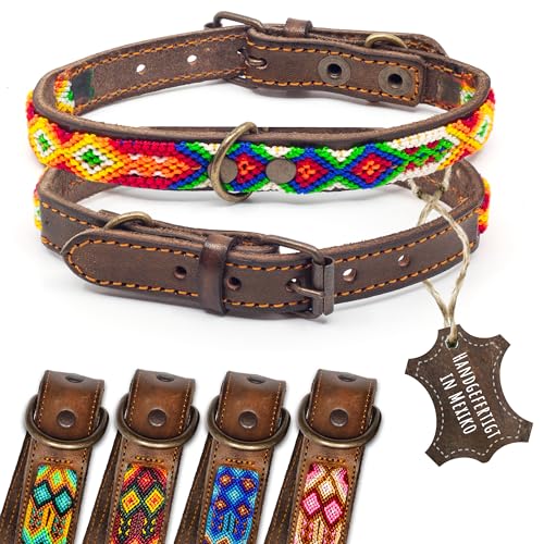 ALTEZAR Lederhalsband Hund - Doppelt Tribal Bestickt Farbenrausch Braun - Hochwertig Hundehalsband Leder - Handgemacht in Mexiko - Größe XS - Halsband Hund für sehr kleine Hunde Leder breit von ALTEZAR