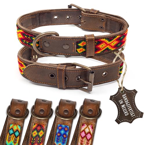 ALTEZAR Lederhalsband Hund - Doppelt Tribal Bestickt Feuerrot Braun - Hochwertig verarbeitetes Hundehalsband Orange - Handgemacht in Mexiko - Größe M von ALTEZAR