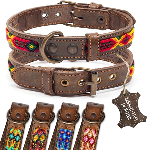 ALTEZAR Lederhalsband Hund - Doppelt Tribal Bestickt Feuerrot Braun - Hochwertig verarbeitetes Hundehalsband Leder - Handgemacht in Mexiko - Größe S - Halsband Hund für kleine Hunde Leder breit von ALTEZAR