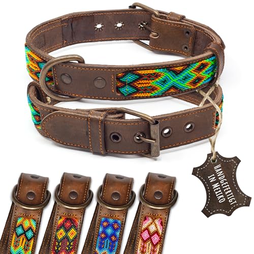 ALTEZAR Lederhalsband Hund - Doppelt Tribal Bestickt Grün Braun - Hochwertig verarbeitetes Hundehalsband - Handgemacht in Mexiko - Größe M von ALTEZAR