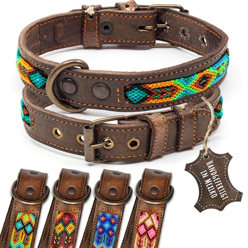 ALTEZAR Lederhalsband Hund - Doppelt Tribal Bestickt Grün Braun - Hochwertig verarbeitetes Hundehalsband Leder - Handgemacht in Mexiko - Größe S - Halsband Hund für kleine Hunde Leder breit von ALTEZAR