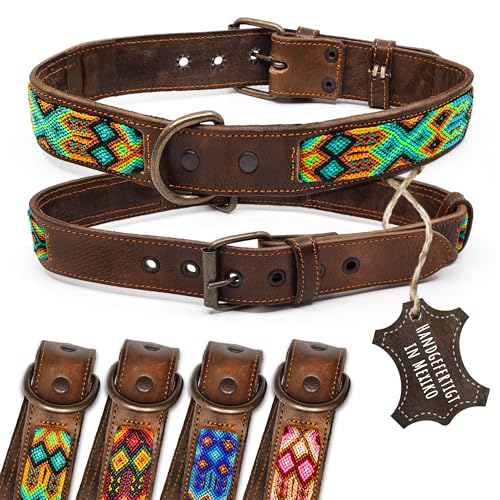 ALTEZAR Lederhalsband Hund - Doppelt Tribal Bestickt Grün Braun - Hochwertig verarbeitetes Hundehalsband Leder - Handgemacht in Mexiko - Größe XL - Halsband Hund für große Hunde Leder breit von ALTEZAR