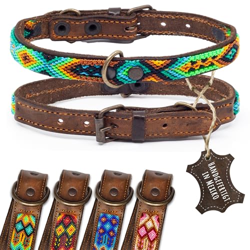 ALTEZAR Lederhalsband Hund - Doppelt Tribal Bestickt Grün Braun - Hochwertig verarbeitetes Hundehalsband - Handgemacht in Mexiko - Größe XS von ALTEZAR