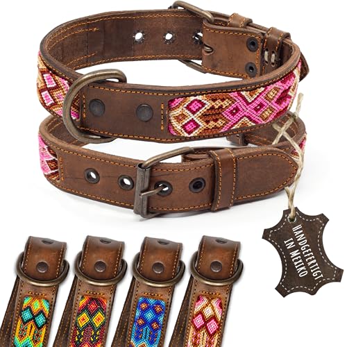 ALTEZAR Lederhalsband Hund - Doppelt Tribal Bestickt Rosa Weiß Pink Braun - Hochwertig verarbeitetes Hundehalsband - Handgemacht in Mexiko - Größe M von ALTEZAR