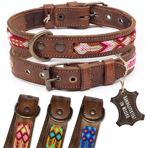 ALTEZAR Lederhalsband Hund - Doppelt Tribal Bestickt Rosa Weiß Pink Braun - Hochwertig verarbeitetes Hundehalsband - Handgemacht in Mexiko - Größe S von ALTEZAR