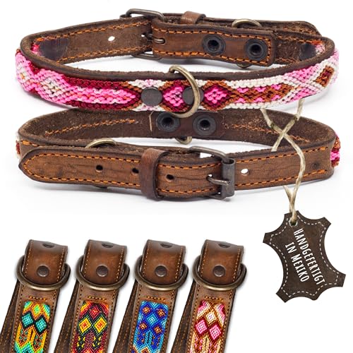 ALTEZAR Lederhalsband Hund - Doppelt Tribal Bestickt Rosa Weiß Pink Braun - Hochwertiges Hundehalsband Leder - Handgemacht in Mexiko - Größe XS - Halsband Hund für sehr kleine Hunde Leder breit von ALTEZAR