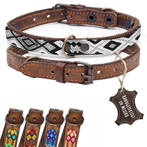 ALTEZAR Lederhalsband Hund - Doppelt Tribal Bestickt Schwarz/Weiß Braun - Hochwertig Hundehalsband Leder - Handgemacht in Mexiko - Größe XS - Halsband Hund für sehr kleine Hunde Leder breit von ALTEZAR