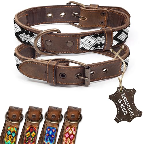 ALTEZAR Lederhalsband Hund - Doppelt Tribal Bestickt Schwarz/Weiß Braun - Hochwertiges Hundehalsband Leder - Handgemacht in Mexiko - Größe M - Halsband Hund für mittel-große Hunde Leder breit von ALTEZAR