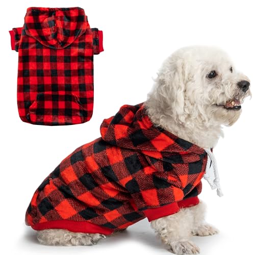 ALUZAEMO Hunde-Kapuzenpullover für große mittelgroße kleine Hunde, Winter Plaid Fleece Warme Kapuze Hund Hoodies Weihnachten Haustier Sweatshirt Kleidung mit Taschen für kaltes Wetter (S-XXL) von ALUZAEMO