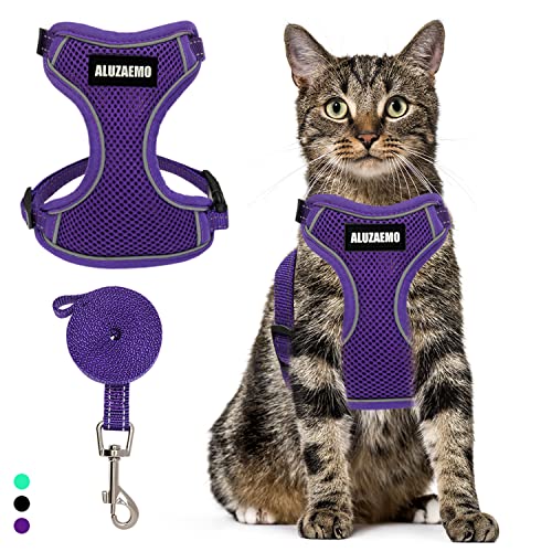 ALUZAEMO Katzengeschirr und Leine, Set – ausbruchsicheres Katzengeschirr für Spaziergänge, Reisen, Outdoor, reflektierend, verstellbar, Katzenkörpergeschirr für kleine, mittelgroße und große Katzen von ALUZAEMO