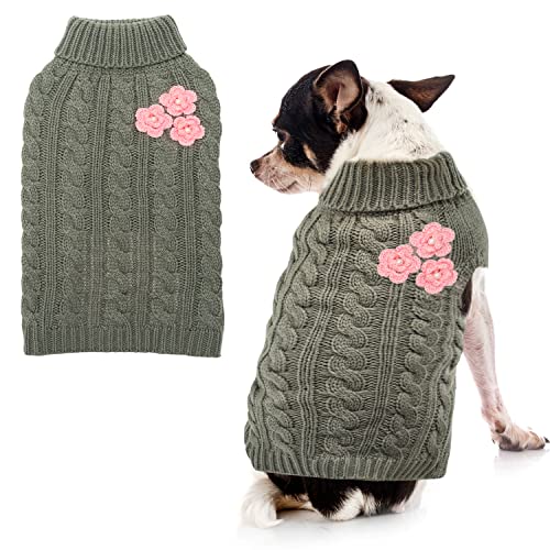 ALUZAEMO Kleiner Hundepullover – süße Blume Winter Warme Welpenkleidung – kaltes Wetter Rollkragen Strickwaren Weiche Haustier-Outfits für kleine Hunde Katzen von ALUZAEMO