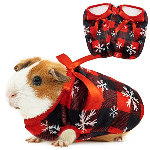 ALUZAEMO Meerschweinchen-Kleidung – 2er-Pack Weihnachts-Kostüm für Meerschweinchen, Kaninchen, Frettchen, Chinchilla, Kätzchen, Welpen, kleine Tiere – niedliches kariertes, gemütliches Fleece-Haustier-Shirts für den Winterurlaub von ALUZAEMO