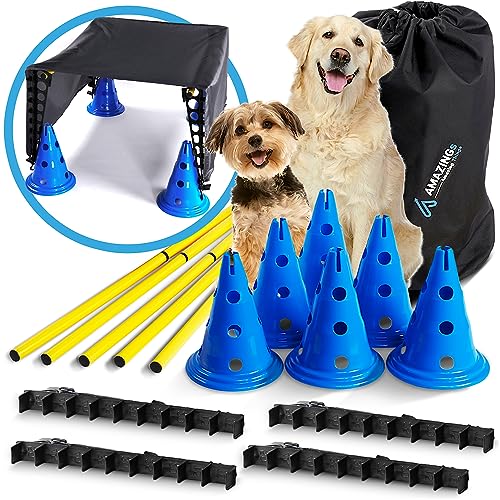 AMAZINGs Agility Set Hunde - Hürden mit Tunnel, kleine bis große Hunde | Hundetraining Zubehör, Cavaletti, Parcour, Steckhürdenset, Hindernisse, Slalomstangen, Hundetraining und Erziehungshilfe von AMAZINGs