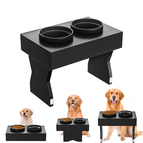 AMENER Erhöhte Hundenäpfe für kleine/mittelgroße/große Hunde mit rutschfester Matte, 3 höhenverstellbarer Holzständer, erhöhter Futternapf mit 2 Keramik-Wassernäpfen (1,5 l x 2) (schwarz) von AMENER