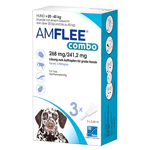 AMFLEE Combo Flohmittel mit Fipronil & (S)-Methopren für Hunde, 268 mg/241,2 mg Lösung zum Auftropfen für Hunde von 20-40 kg, 3 Einzeldosis-Pipetten von AMFLEE