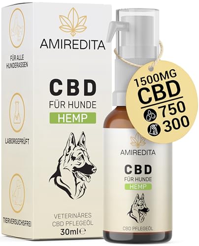 AMIREDITA CBD Öl Hund - 1500 mg Cannabidiol - 30ml - Deutsche Qualitätsmarke, laborgeprüft, Zertifiziert - CBD Öl Hunde, CBD Öl Tiere, CBD Hund, CBD Tropfen Hund, CBD Hunde, CBD Öl 5% in Hanfsamenöl von AMIREDITA