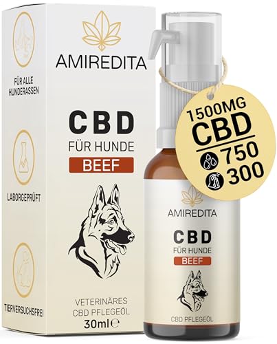 Amiredita CBD Öl Hund - 1500 mg Cannabidiol - WICHTIG Dreimal mehr CBD Extrakt als üblich - Deutsche Qualitätsmarke, laborgeprüft, Zertifiziert - CBD Öl 5% Hund mit Beef Rind Aroma, 30ml von AMIREDITA