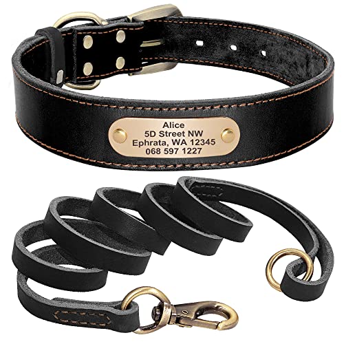 Hundehalsband, individuelles Leder-Hundehalsband, Leine, Set, maßgeschneidertes Haustierhalsband, Leine, kostenloses Gravur, Namensschild für kleine, mittelgroße und große Hunde, schwarzes Set L von AMOIZH