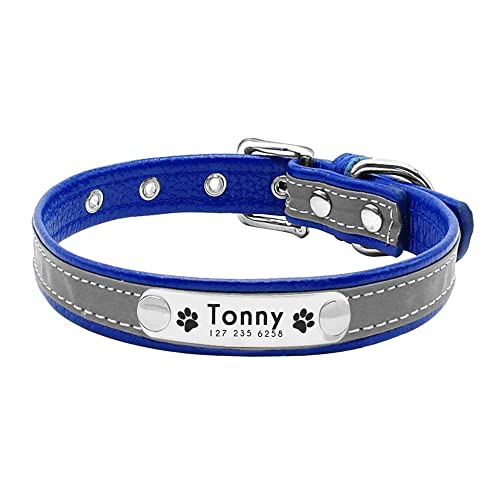 Hundehalsband Leder Strapazierfähiges Hundehalsband Verstellbar Anpassbar Haustier Halsband Unisex Halsband Graviert Reflektierend Hundemarke Halsband 2 Stück Blau M von AMOIZH