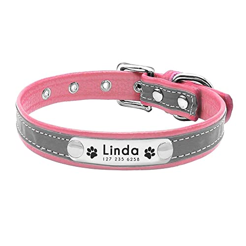 Hundehalsband Leder Strapazierfähiges Hundehalsband Verstellbar Anpassbar Haustier Halsband Unisex Halsband Graviert Reflektierend Hundemarke Halsband 2 Stück Rosa L von AMOIZH