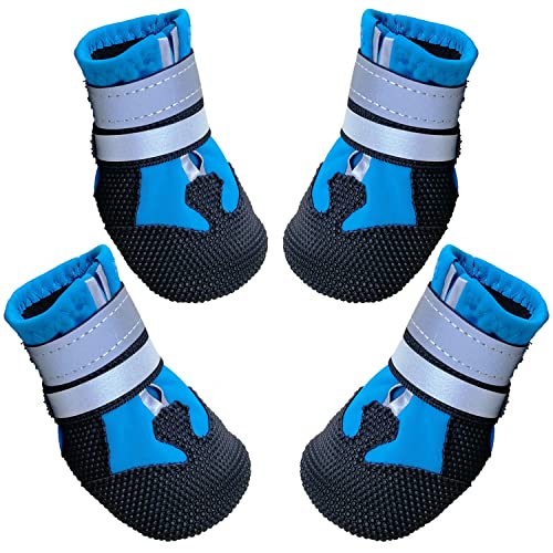 AMOMYDOG Hundeschuhe, 4 Stück Atmungsaktive Hunde Schuhe Outdoor mit Rutschfester Sohle, Verstellbarem Reflektierendem Klettverschluss Hundestiefel für kleine, Mittlere und Große Hunde (Blau, XL) von AMOMYDOG