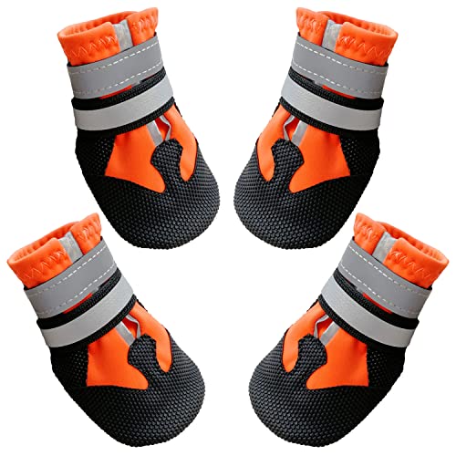 AMOMYDOG Hundeschuhe, 4 Stück Atmungsaktive Hunde Schuhe Outdoor mit Rutschfester Sohle, Verstellbarem Reflektierendem Klettverschluss Hundestiefel für kleine, Mittlere und Große Hunde (Orange, XXL) von AMOMYDOG