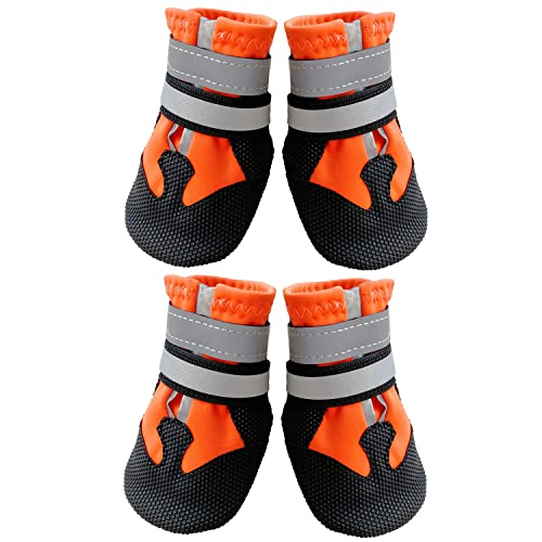 AMOMYDOG Hundeschuhe, 4 Stück Atmungsaktive Hunde Schuhe Outdoor mit Rutschfester Sohle, Verstellbarem Reflektierendem Klettverschluss Hundestiefel für kleine, Mittlere und Große Hunde (Orange, M) von AMOMYDOG