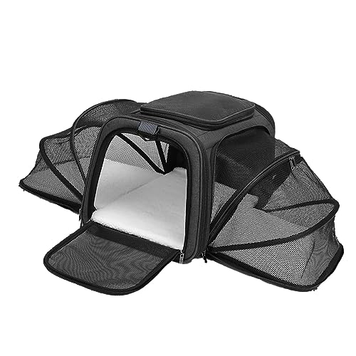 AMONIDA Katzentransportbox, Haustier-Reisetasche, Atmungsaktives Netz, Erweiterbar, Großer Platz Im Freien (Schwarz, schwarzer Rand) von AMONIDA