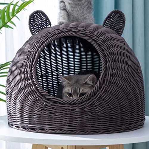 Katzenbett, Halbgeschlossenes Katzenhaus, Ganzjährig Waschbar, Rattanimitat, Handgewebt, für den Innenbereich, für Haustiere für Katzen (Kaffee) von AMONIDA