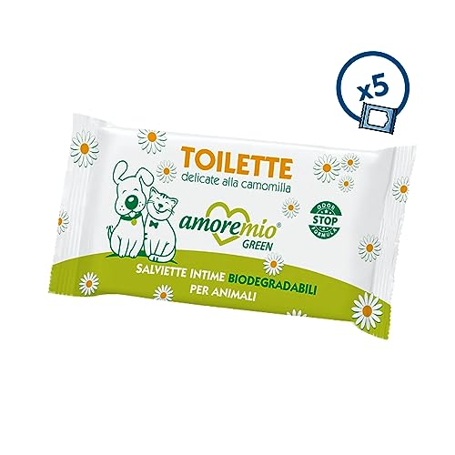 AMORE MIO | 150 Toilettentücher mit Kamille für Hunde, Katzen und Haustiere, beruhigend und geruchshemmend, biologisch abbaubare Intime Tücher für Haustiere, 19 x 30 cm, 5 Packungen mit je 30 Tüchern von AMORE MIO