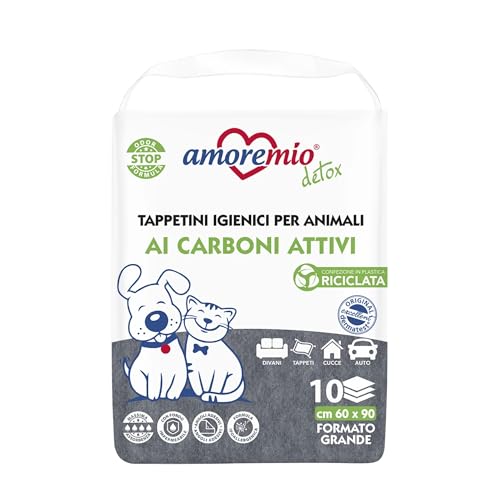 Amore Mio | 10 hygienische geruchshemmende Matten mit Aktivkohle und Klebe-Ecken, für Hunde, Katzen und Haustiere, 60 x 90 cm, hypoallergene Formel – 1 Packung mit 10 Einlagen von AMORE MIO