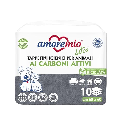 Amore Mio | 100 hygienische geruchshemmende Matten mit Aktivkohle und Klebe-Ecken, für Hunde, Katzen und Haustiere, 60 x 60 cm, hypoallergene Formel – 10 Packungen mit 10 Einlagen von AMORE MIO