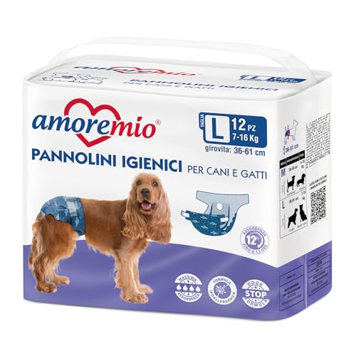 Amore Mio | 12 Hygienewindeln für Hunde und Katzen, Größe L, Ø 36-61 cm, Einweg-Unterhose für Hunde, geruchshemmend, Verstellbarer Klebeverschluss - 1 Packung mit 12 Windeln von AMORE MIO