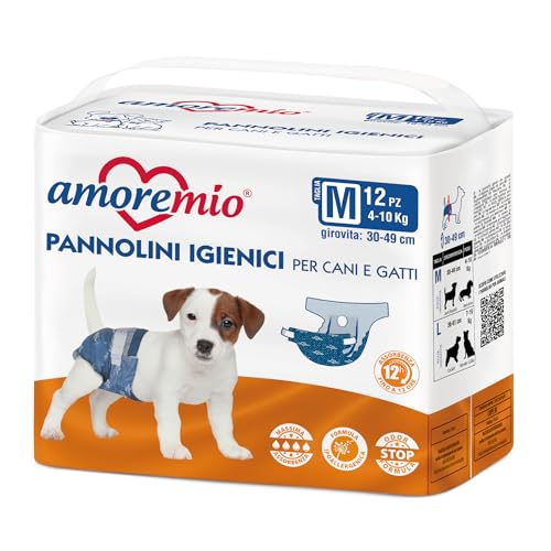 Amore Mio | 36 Hygienewindeln für Hunde und Katzen, Größe M, Ø 30-49 cm, Einweg-Unterhosen für Hunde, geruchshemmend, Verstellbarer Klebeverschluss - 3 Packungen mit je 12 Windeln von AMORE MIO