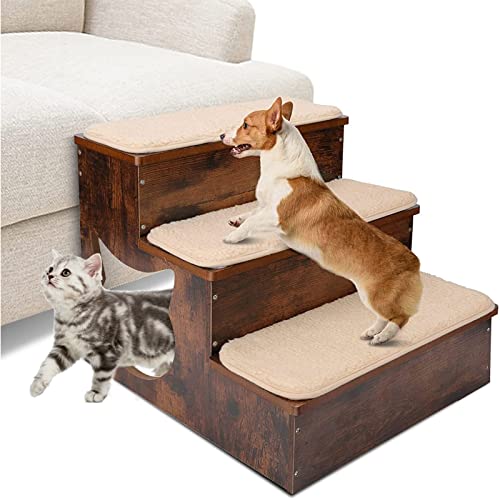 Haustiertreppe, Hunde Treppe, Hundetreppe Holz, Dog Stairs, rutschfeste Hundestufen mit 3 waschbaren Teppichpolstern, 3-stufige Hundestufen für Hochbetten, Haustiergeschenk von AMORPO