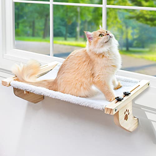 AMOSIJOY Katzen-Fensterbank, stabile Katzen-Hängematte, Fenstersitz mit Holz und Metallrahmen für große Katzen, Schublade und Schrank (61 cm, weißer Plüsch) von AMOSIJOY