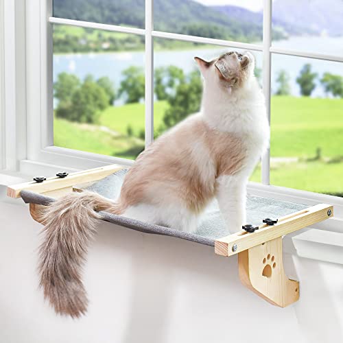 AMOSIJOY Katzenschweller-Fensterbank, stabile Katzenfenster-Hängematte mit Holz & Metallrahmen für zwei Katzen, einfach zu verstellen & zu montieren, Katzenbett mit wendbarer Abdeckung für Fensterbank, Nachttisch, Schublade und Schrank (L) von AMOSIJOY