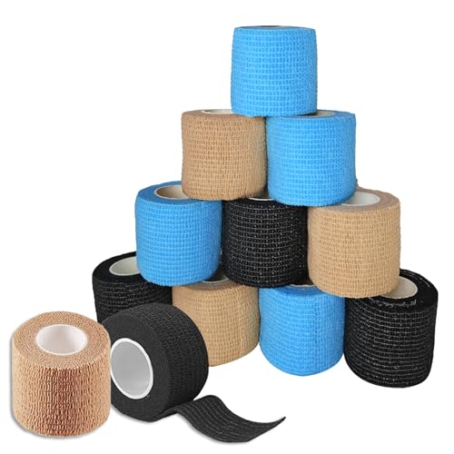 AMSGANK 12 Rollen Selbstklebender Verband, 5 cm x 4,5 m Non-Woven Selbsthaftende Bandage für Mensch und Tier Elastische Binde Bandage Fixierbinde Haftbandage Selbstklebend für Sport Haustiere von AMSGANK