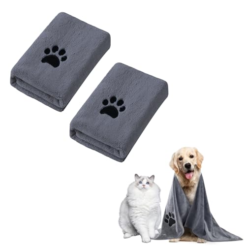 AMSGANK Hundehandtuch, 2 Stück Microfaser Handtücher für Hunde und Katzen Hundehandtuch Extra Saugfähig, Schnell Trocknend, Kuschelweich, Maschinenwaschbar (75 x 35 cm, Grau) von AMSGANK