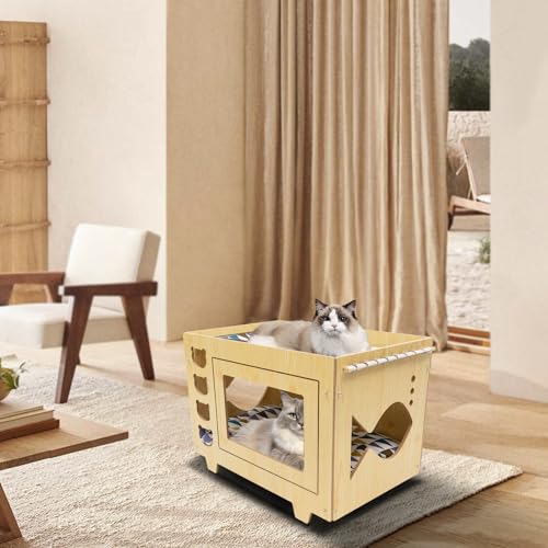 2 Stöckig Katzenhütte Indoor Katzenhaus Holz Hundehütte Indoor mit Mattress für Wohnzimmer Schlafzimmer Tierhandlung Verwendet Werden 55×40×44cm (Bär Muster) von AMTULA