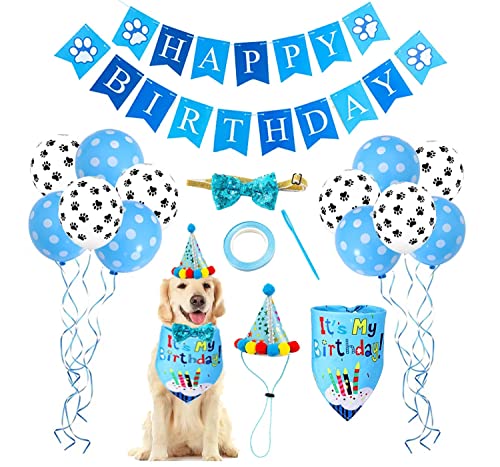 Hund Geburtstag Bandana Hut Banner Set, Hund Geburtstag Deko, Hund Hut Hund Bandana Schal Glänzend Hund Fliege Halsband für Jungen und Mädchen, Partyzubehör (Blau) von AMZMUKAUP