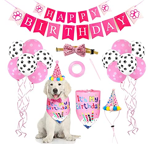 Hund Geburtstag Bandana Hut Banner Set, Hund Geburtstag Deko, Hund Hut Hund Bandana Schal Glänzend Hund Fliege Halsband für Jungen und Mädchen, Partyzubehör (Rosa) von AMZMUKAUP