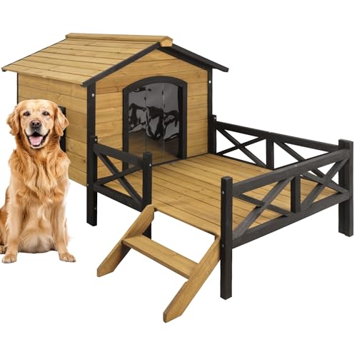 AMZOSS Großes Outdoor-Hundehaus, 170,2 cm L × 100,9 cm B × 82,9 cm H, extreme Outback-Holzhütte, Hundehütte mit erhöhtem Boden und Veranda, wetterfeste Hundehütte aus Holz, von AMZOSS