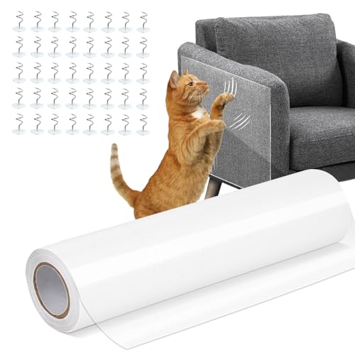 ANBOWEI Kratzschutz Sofa Katze, Kratzfolie Katzen Selbstklebend 3m x 30cm Katzen Kratzschutz für Sofa Transparent Anti Kratz Folie mit Twist Pins für Möbel Couch Wand Tür Schutz von ANBOWEI